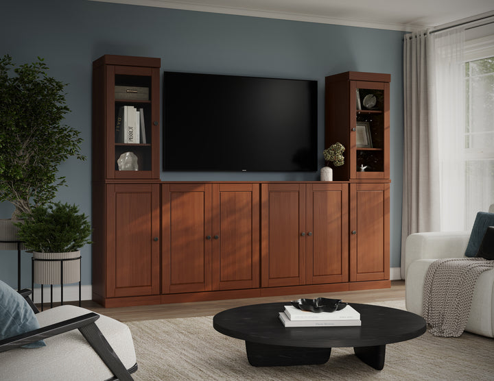 100% Solid Wood 6-Piece Entertainment Center Wall Unit with Storage, Glass & Raised Panel Doors, Adjustable Shelves, 97" W x 71.5" H