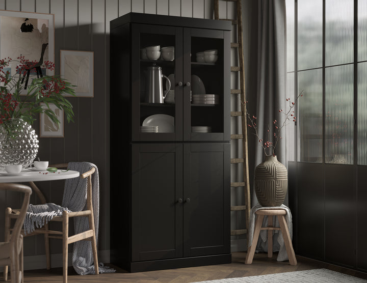 100% Solid Wood 32" Pantry Cabinet, 2 Clear Glass, 2 Shaker Wood Doors