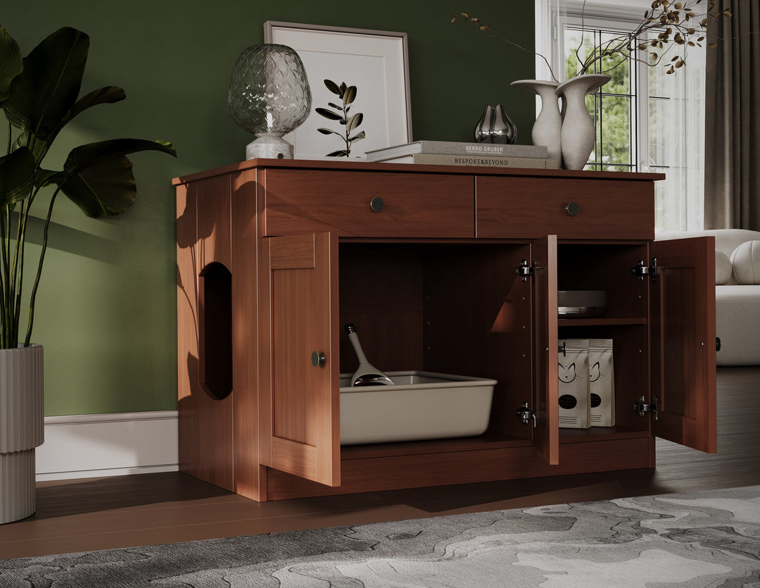 100% Solid Wood Ziva 3-Door Cat Litter Box Enclosure