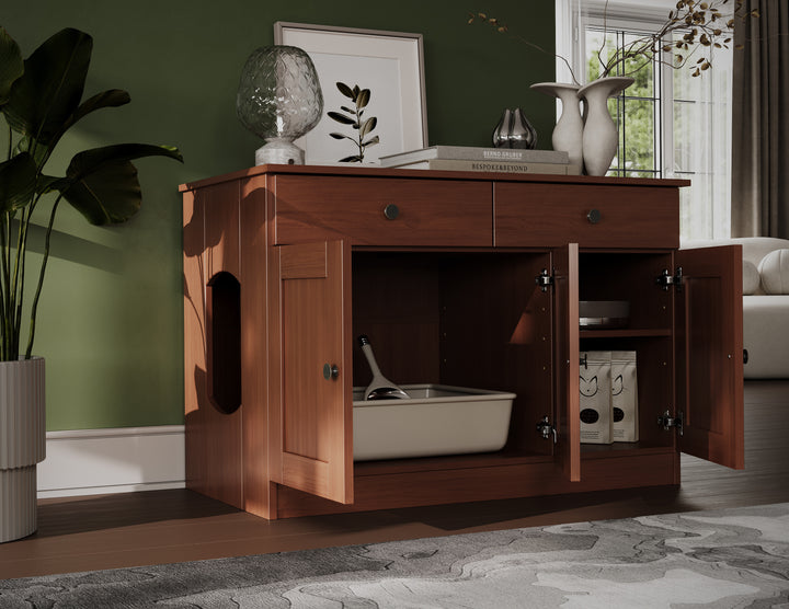 100% Solid Wood Ziva 3-Door Cat Litter Box Enclosure