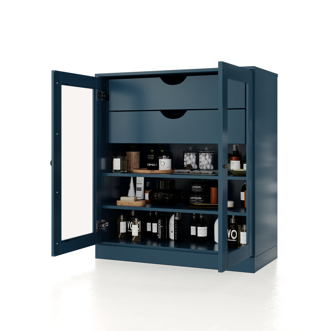 100% Solid Brazilian Pine Wood Bathroom Storage Cabinet, Clear Glass Doors, 2 Drawers, Adjustable Shelves, 32" Wide, 35.75" Tall