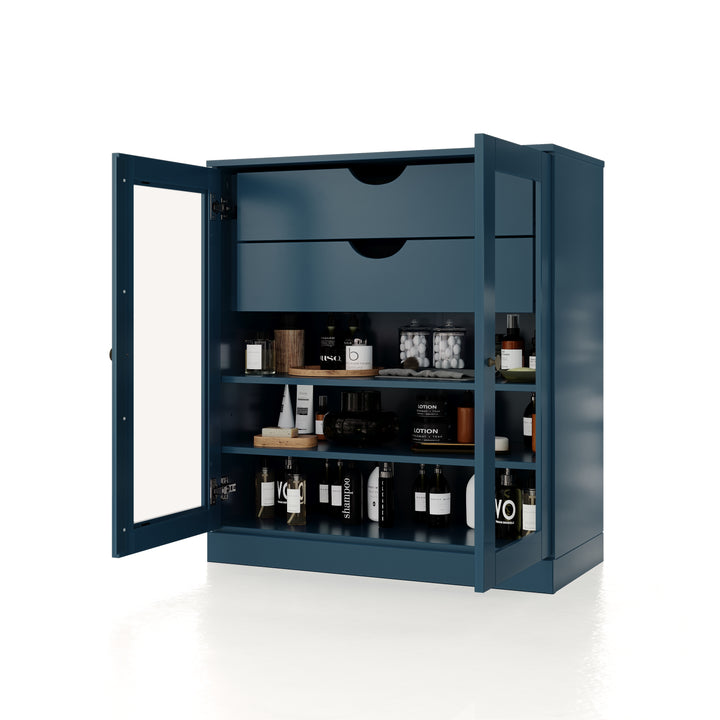 100% Solid Brazilian Pine Wood Bathroom Storage Cabinet, Clear Glass Doors, 2 Drawers, Adjustable Shelves, 32" Wide, 35.75" Tall