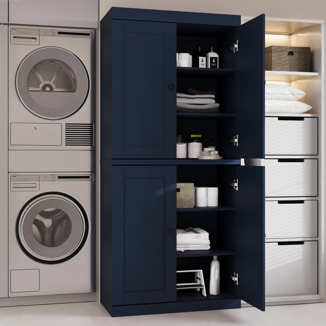 100% Solid Brazilian Pine Wood Bathroom & Laundry Storage Cabinet, Raised Panel Doors, Adjustable Shelves, 32" Wide, 71.5" Tall