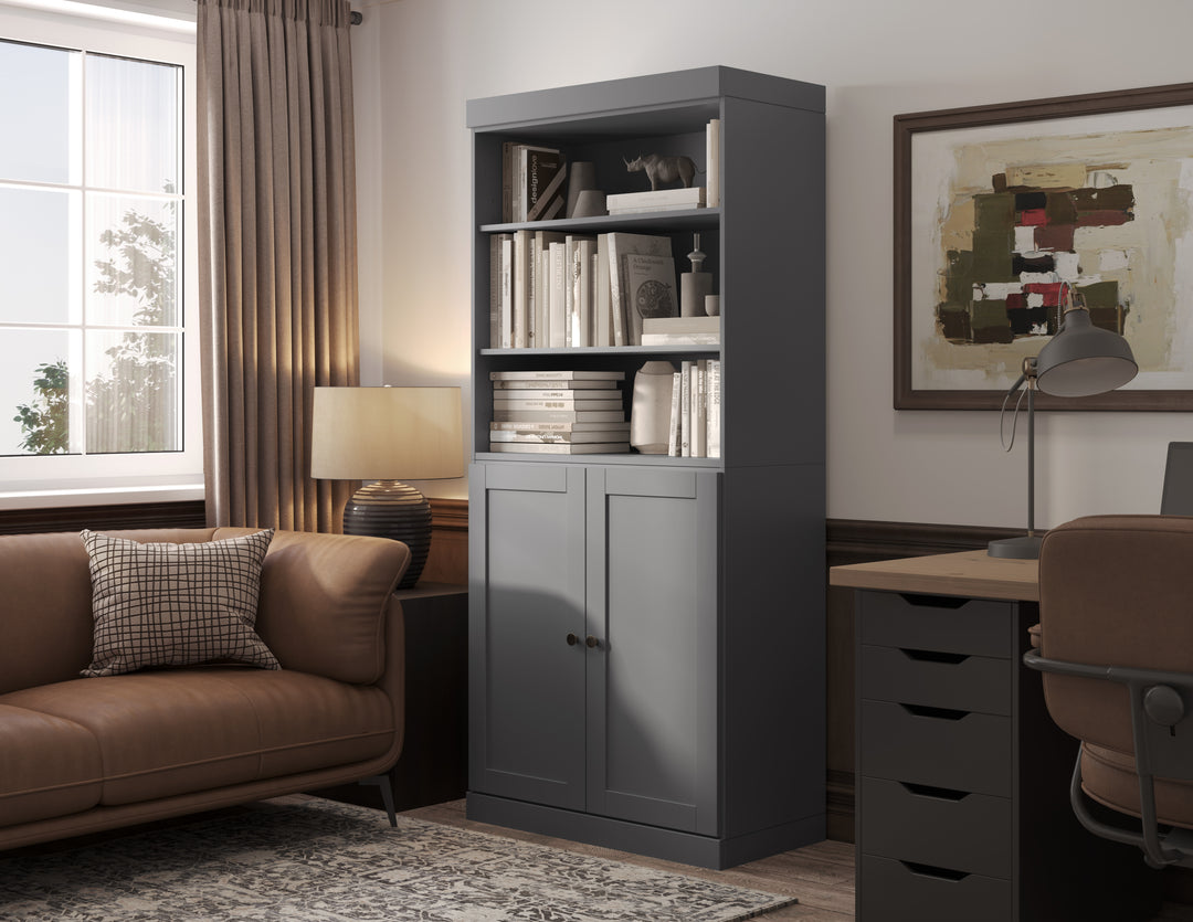 100% Solid Wood 6-Shelf 32" Bookcase Cabinet, 2 Solid Shaker Wood Doors, Adjustable Shelves