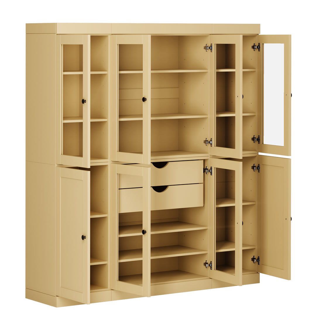 100% Solid Wood 65" China Pantry Cabinet, 6 Glass, 2 Shaker Wood Doors, 2 Drawers