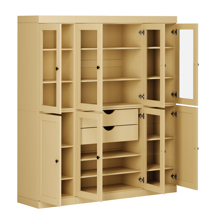 100% Solid Wood 65" China Pantry Cabinet, 6 Glass, 2 Shaker Wood Doors, 2 Drawers