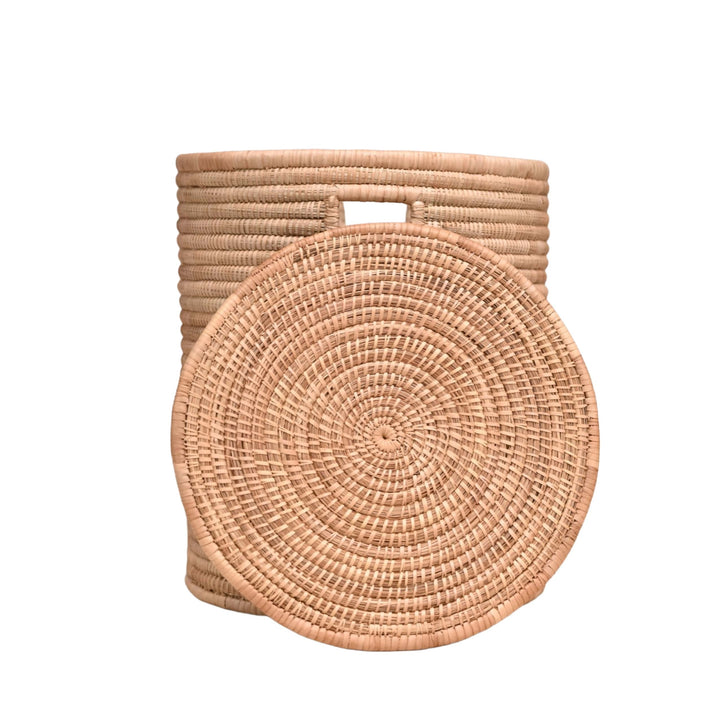 100% Handwoven Natural Rattan 19" Round Basket with Lid & Handles, Boho Farmhouse Decorative Laundry & Storage Organizer, Handcrafted – Authentic African Craftsmanship, Baskets - Palace Imports