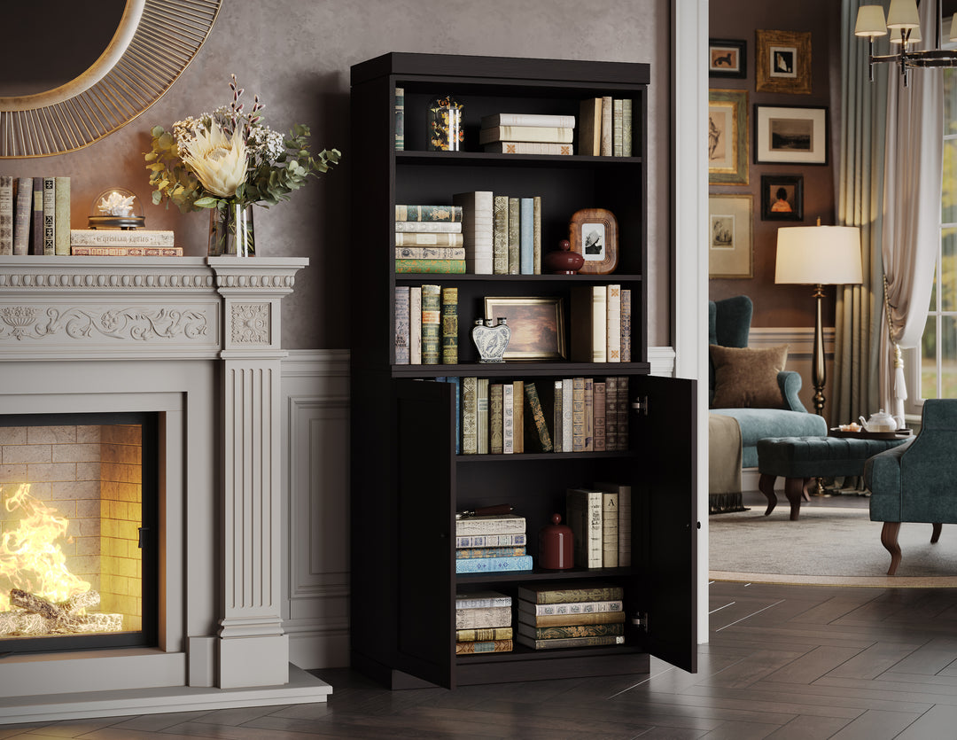 Premium 100% Solid European Oak Hardwood 6-Shelf Modular Bookcase with Bottom Shaker Doors – 32" Wide, 71.5" Tall