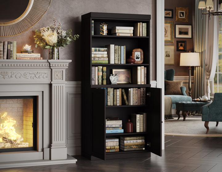 Premium 100% Solid European Oak Hardwood 6-Shelf Modular Bookcase with Bottom Shaker Doors – 32" Wide, 71.5" Tall