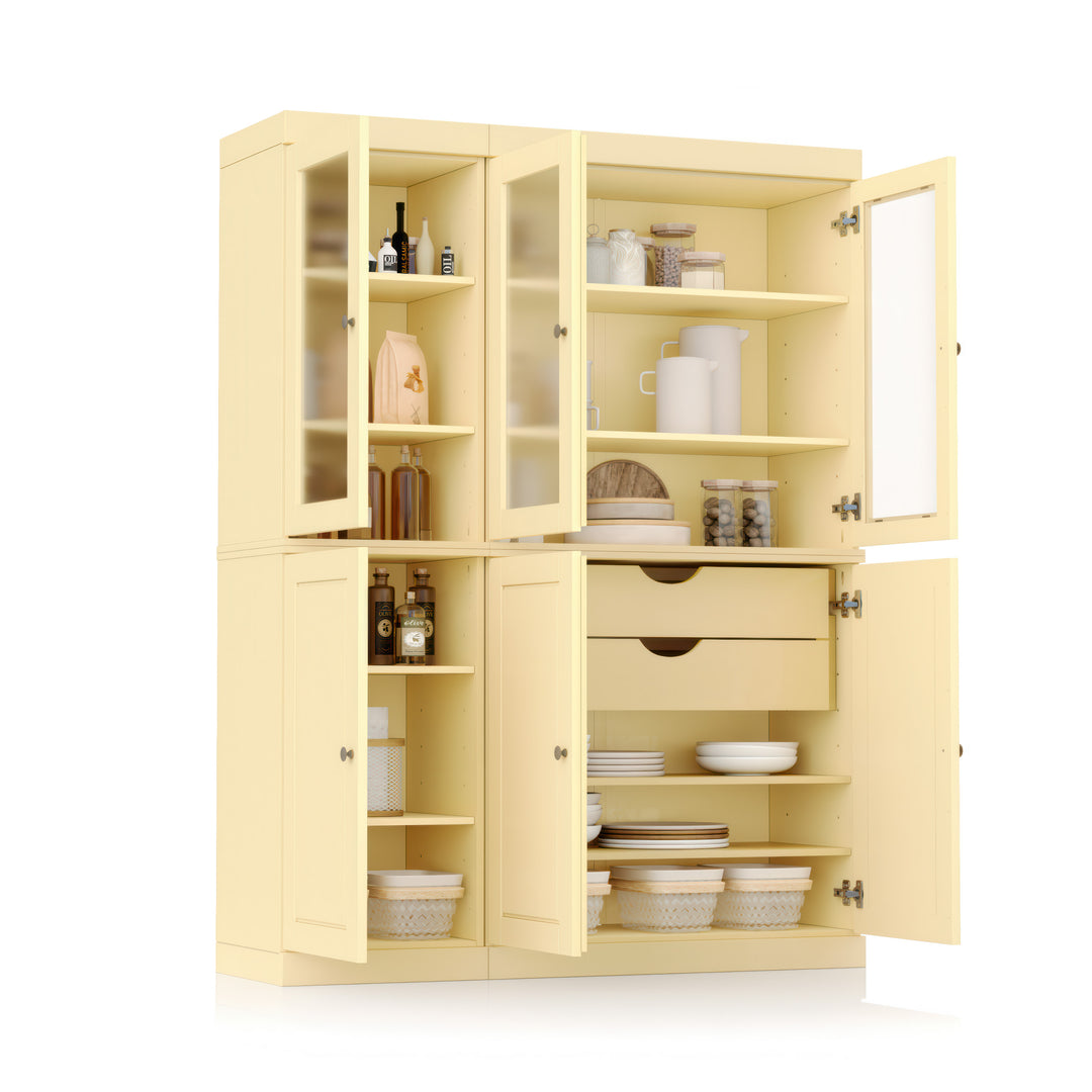 100% Solid Wood Kitchen Pantry Cabinet, Tall Freestanding Modular Storage with Frosted Glass & Raised Panel Doors & 2 Drawers, Adjustable Shelves, 48.5" W x 71.5" H