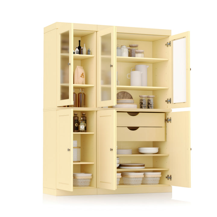 100% Solid Wood Kitchen Pantry Cabinet, Tall Freestanding Modular Storage with Frosted Glass & Raised Panel Doors & 2 Drawers, Adjustable Shelves, 48.5" W x 71.5" H