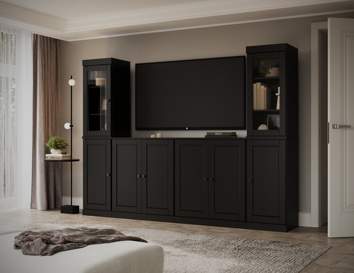 100% Solid Wood 6-Piece Entertainment Center Wall Unit with Storage, Glass & Raised Panel Doors, Adjustable Shelves, 97" W x 71.5" H