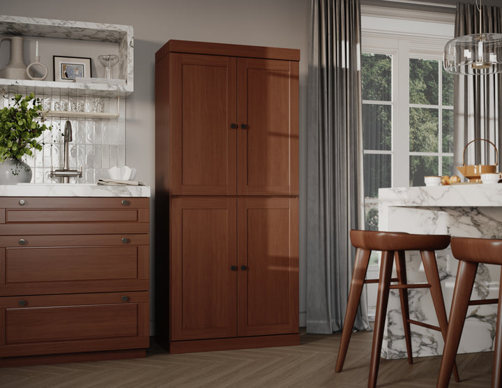 100% Solid Brazilian Pine Wood Pantry Cabinet, Shaker Doors, Adjustable Shelves, 32" Wide, 71.5" Tall