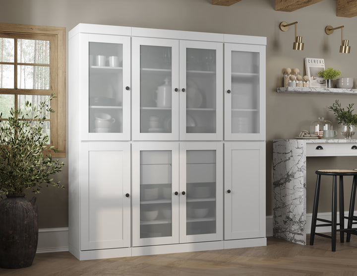 100% Solid Brazilian Pine Wood 65" Pantry Cabinet with Frosted Glass, Shaker Doors, 2-Drawers and Adjustable Shelves