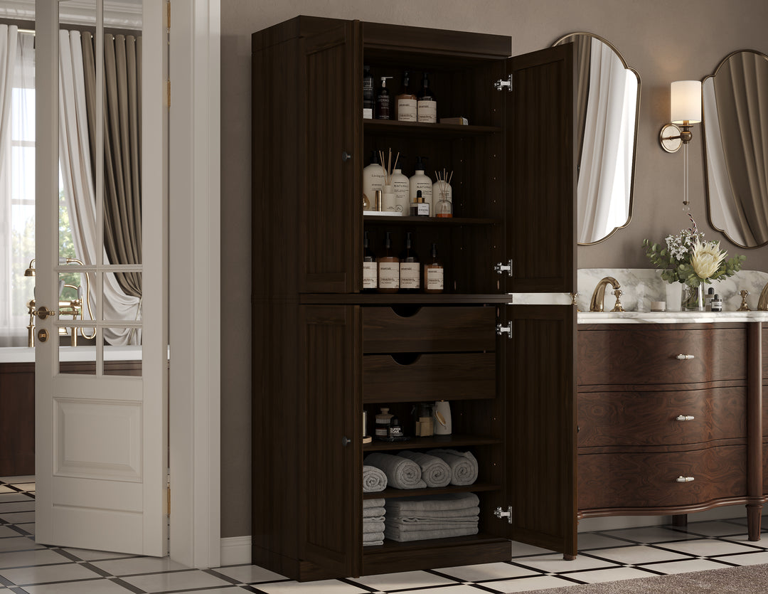 100% Solid Wood Tall Freestanding Modular Bathroom Linen Storage Cabinet with Shaker Doors, 2 Drawers, Adjustable Shelves, 32" W x 71.5" H