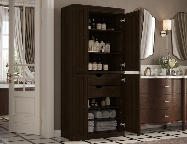 100% Solid Wood Tall Freestanding Modular Bathroom Linen Storage Cabinet with Shaker Doors, 2 Drawers, Adjustable Shelves, 32" W x 71.5" H