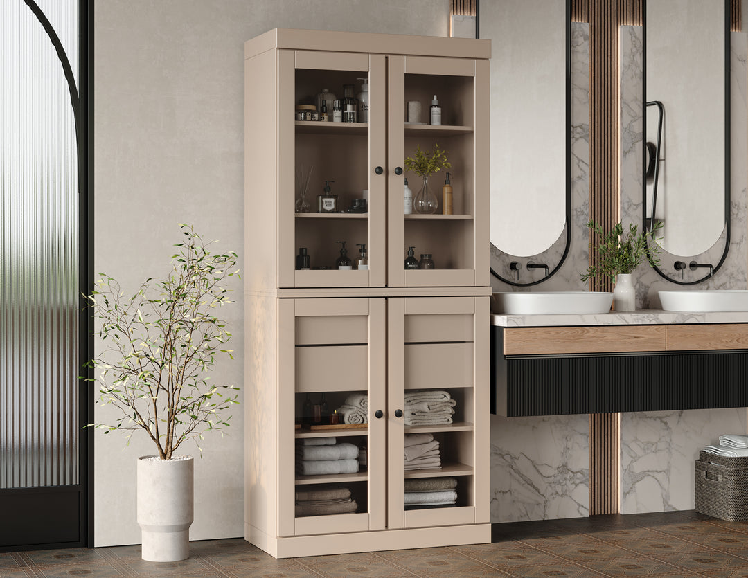 100% Solid Brazilian Pine Wood Bathroom Storage Cabinet, Clear Glass Doors, 2 Drawers, Adjustable Shelves, 32" Wide, 71.5" Tall