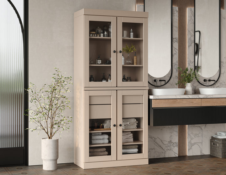 100% Solid Brazilian Pine Wood Bathroom Storage Cabinet, Clear Glass Doors, 2 Drawers, Adjustable Shelves, 32" Wide, 71.5" Tall