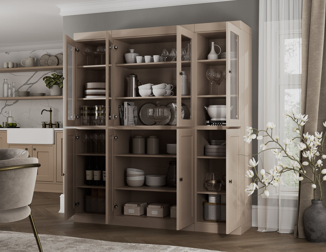 100% Solid Wood 65" China Pantry Cabinet, 4 Clear Glass, 4 Shaker Wood Doors