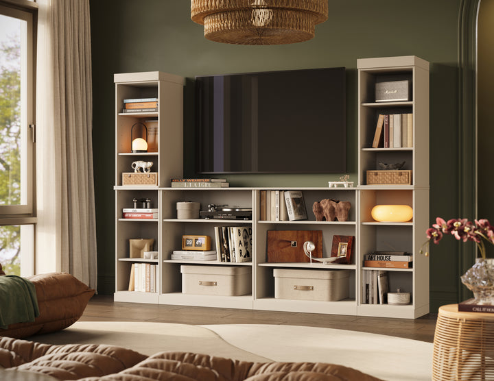 100% Solid Wood 6-Piece Entertainment Center Wall Unit with Storage, Open Cabinets, Adjustable Shelves, 97" W x 71.5" H