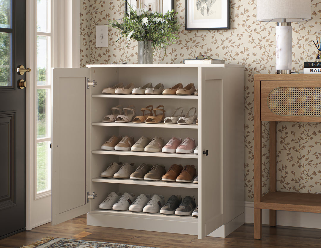 100% Solid Wood Shoe Storage Cabinet with Shaker Doors, Adjustable Shelves, Space Saving Stackable Entryway Organizer, 32" W x 35.75" H