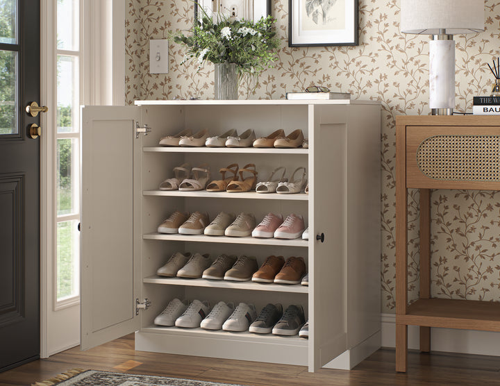 100% Solid Wood Shoe Storage Cabinet with Shaker Doors, Adjustable Shelves, Space Saving Stackable Entryway Organizer, 32" W x 35.75" H