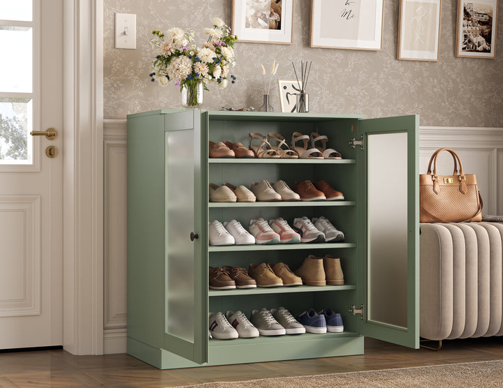 100% Solid Wood Frosted Glass Door Shoe Storage Cabinet with Adjustable Shelves, Space Saving Stackable Entryway Organizer, 32" W x 35.75" H