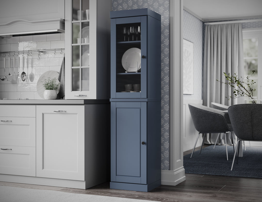 100% Solid Brazilian Pine Wood Pantry Cabinet, Raised Panel & Clear Glass Doors, Adjustable Shelves, 16.5" Wide, 71.5" Tall