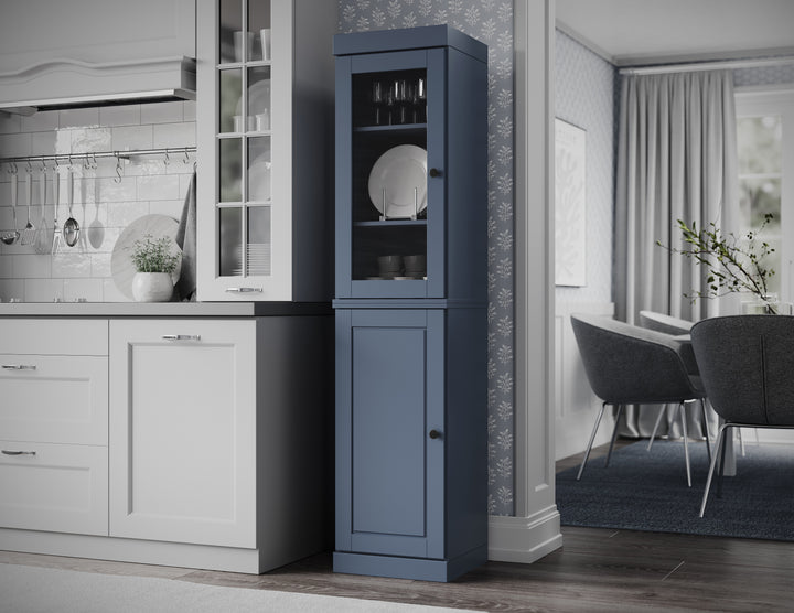 100% Solid Brazilian Pine Wood Pantry Cabinet, Raised Panel & Clear Glass Doors, Adjustable Shelves, 16.5" Wide, 71.5" Tall