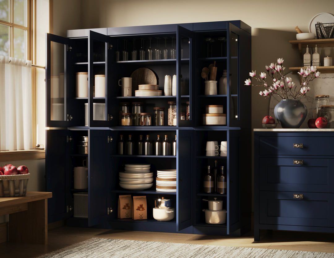 100% Solid Wood 65" China Pantry Cabinet, 4 Clear Glass, 4 Shaker Wood Doors