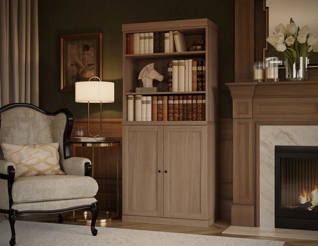 Premium 100% Solid European Oak Hardwood 6-Shelf Modular Bookcase with Bottom Shaker Doors – 32" Wide, 71.5" Tall