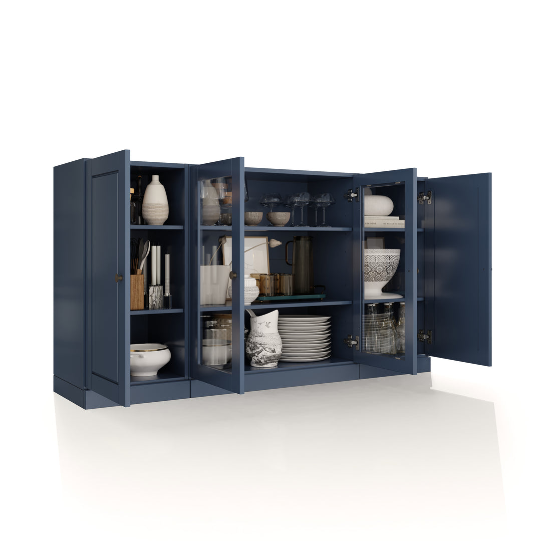 100% Solid Wood 65" Sideboard Cabinet, 2 Clear Glass, 2 Raised Panel Wood Doors, Adjustable Shelves