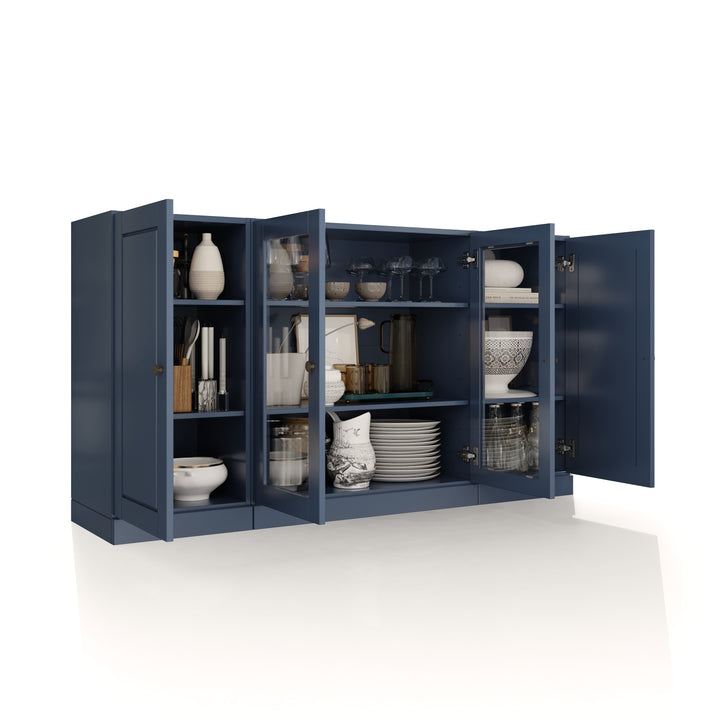 100% Solid Wood 65" Sideboard Cabinet, 2 Clear Glass, 2 Raised Panel Wood Doors, Adjustable Shelves