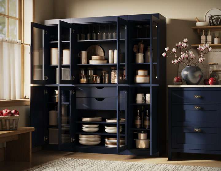 100% Solid Wood 65" China Pantry Cabinet, 6 Glass, 2 Shaker Wood Doors, 2 Drawers