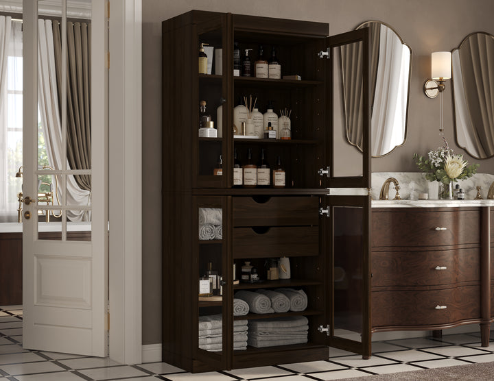 100% Solid Wood Tall Freestanding Modular Bathroom Linen Storage Cabinet with Glass Doors, 2 Drawers, Adjustable Shelves, 32" W x 71.5" H