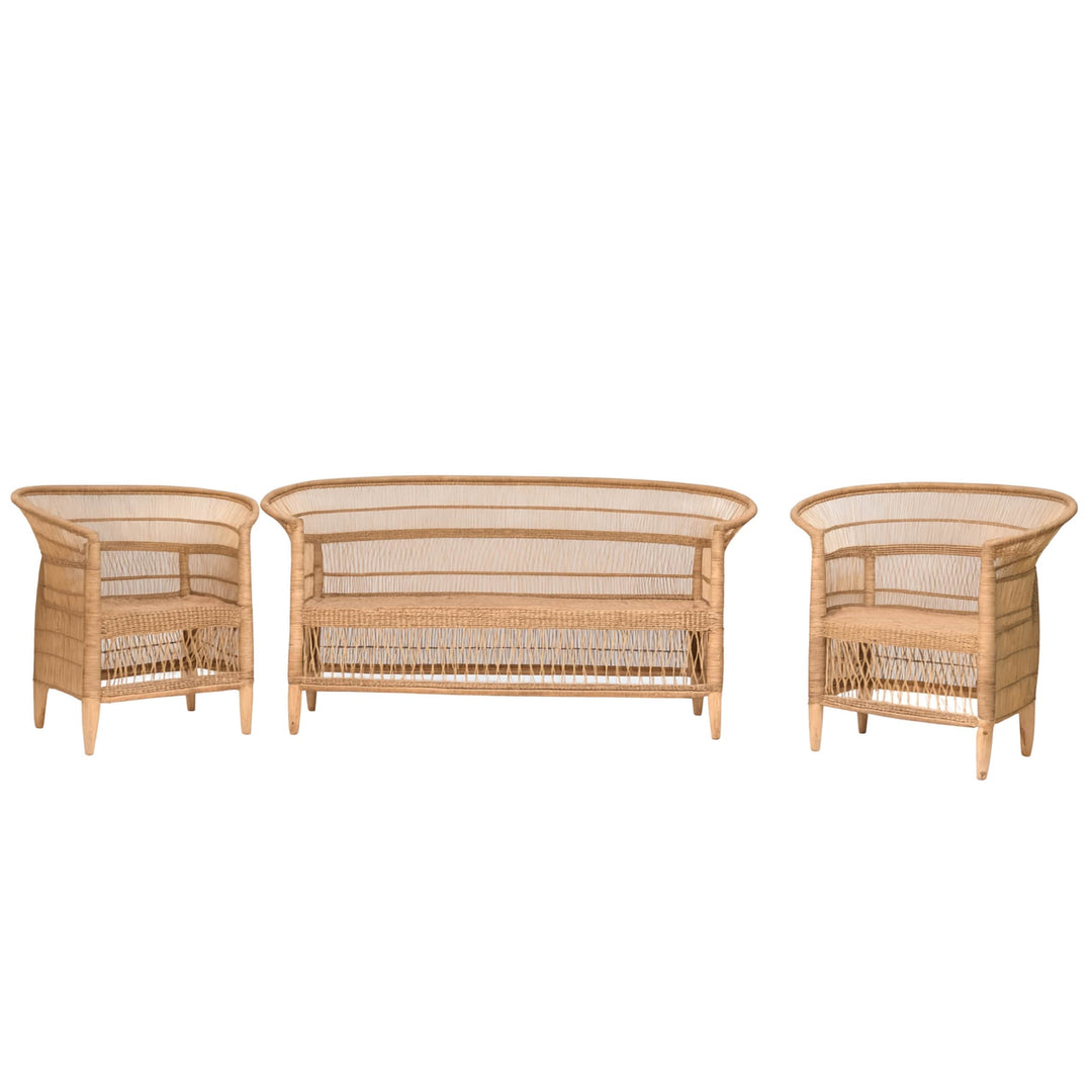 100% Handwoven Natural Rattan 3-Piece Indoor Seating Set with 2 Chairs and 3-Seater Settee, Solid Wood Frame, Boho Coastal Farmhouse, Authentic African Craftsmanship