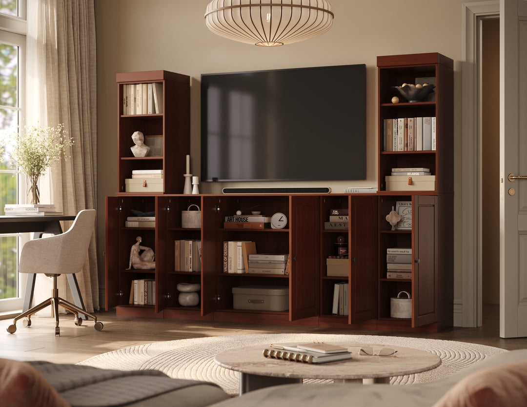 100% Solid Wood 7-Piece Entertainment Center Wall Unit with Storage, Open Cabinets & Raised Panel Doors, Adjustable Shelves, 98" W x 71.5" H