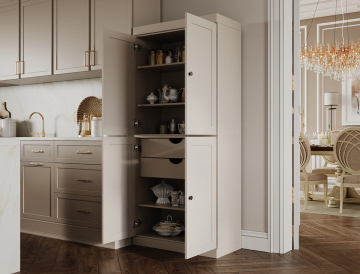 100% Solid Wood 32" Pantry Cabinet, Shaker Wood Doors, 2-Drawers