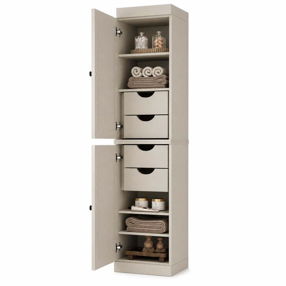 100% Solid Wood Bathroom Storage Cabinet, Raised Panel Doors, 4 Drawers, Adjustable Shelves, 16.5" Wide, 71.5" Tall