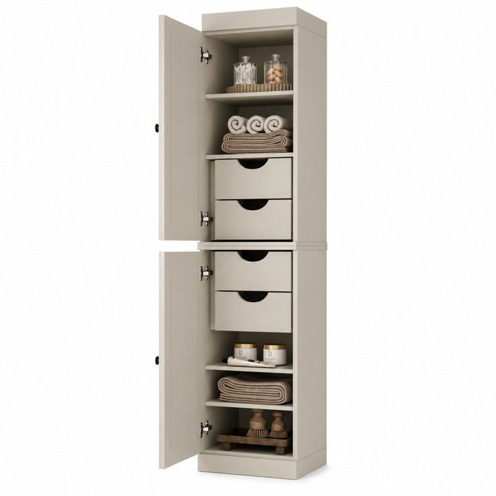 100% Solid Wood Bathroom Storage Cabinet, Raised Panel Doors, 4 Drawers, Adjustable Shelves, 16.5" Wide, 71.5" Tall