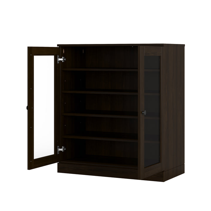 100% Solid Wood Glass Door Shoe Storage Cabinet with Adjustable Shelves, Space Saving Stackable Entryway Organizer, 32" W x 35.75" H