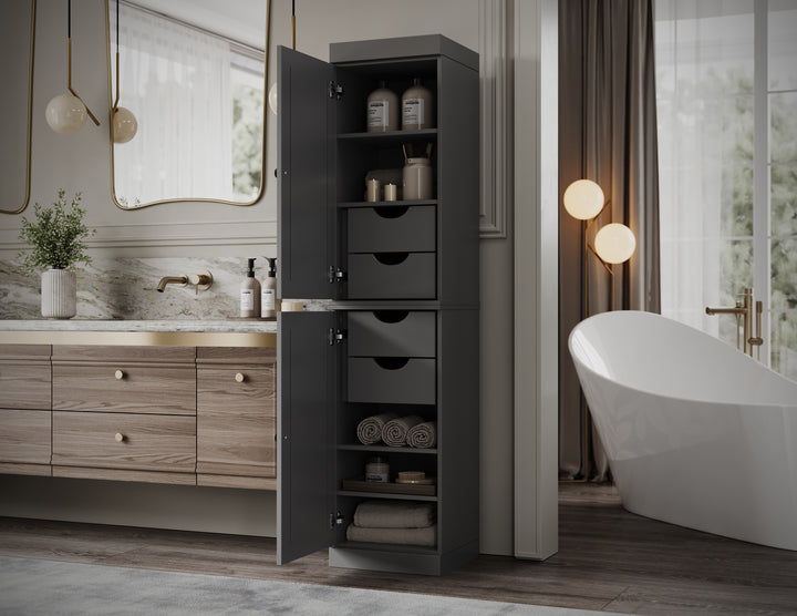 100% Solid Wood Bathroom Storage Cabinet, Raised Panel Doors, 4 Drawers, Adjustable Shelves, 16.5" Wide, 71.5" Tall