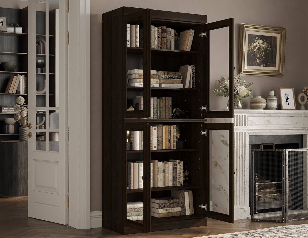 100% Solid Wood Tall Modular Bookcase Cabinet with Glass Doors, Storage Display Bookshelf with Adjustable Shelves, 32" W x 71.5" H
