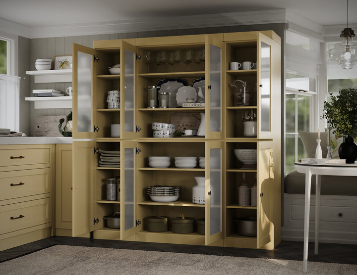 100% Solid Brazilian Pine Wood 65" Pantry Cabinet with Frosted Glass, Shaker Doors and Adjustable Shelves