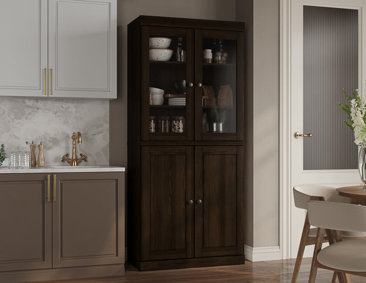 100% Solid Wood Kitchen Pantry China Cabinet, Tall Freestanding Modular Storage with Glass & Raised Panel Doors, Adjustable Shelves, 32" W x 71.5" H