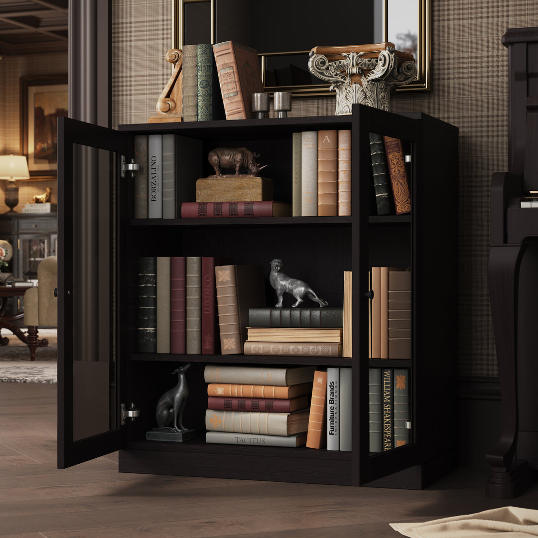 Premium 100% Solid European Oak Hardwood 3-Shelf Modular Bookcase with Tinted Glass Doors – 32" Wide, 35.75" Tall