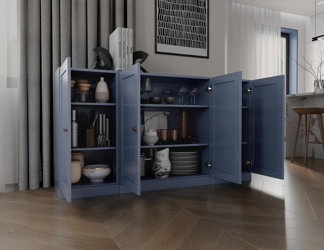 100% Solid Brazilian Pine Wood Sideboard, Shaker Doors, Adjustable Shelves, 65" Wide, 35.75" Tall