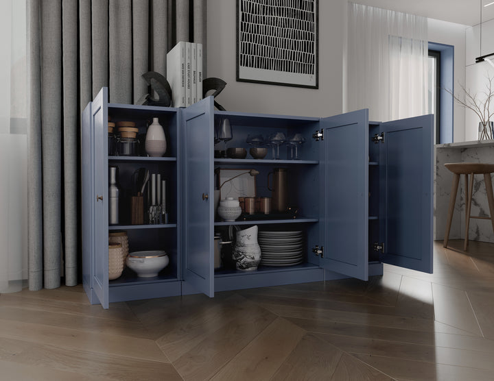 100% Solid Brazilian Pine Wood Sideboard, Shaker Doors, Adjustable Shelves, 65" Wide, 35.75" Tall