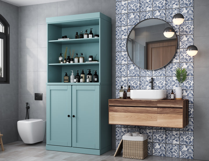 100% Solid Wood 32" Bathroom Cabinet with Shelves, Shaker Wood Doors, 2-Drawers