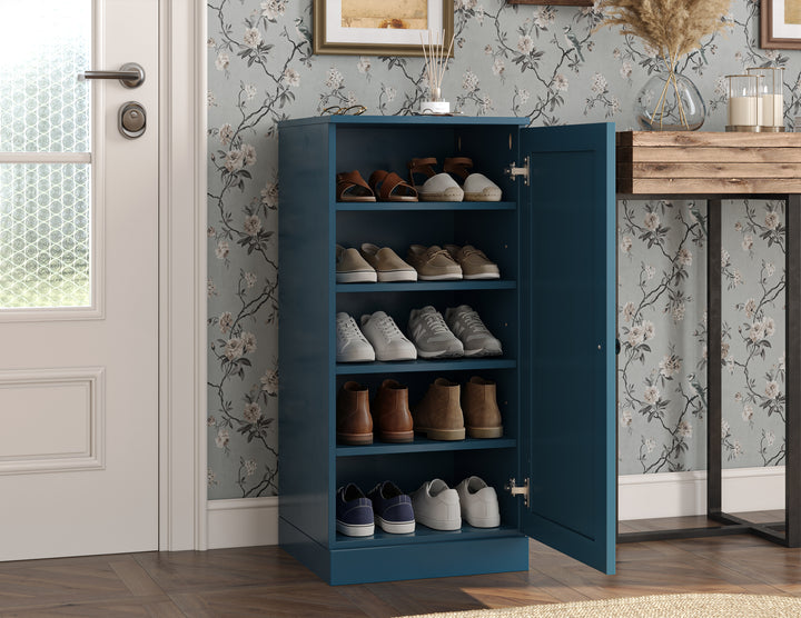 100% Solid Wood Narrow Shoe Storage Cabinet with Shaker Door, Adjustable Shelves, Space Saving Stackable Organizer, 16.5" W x 35.75" H